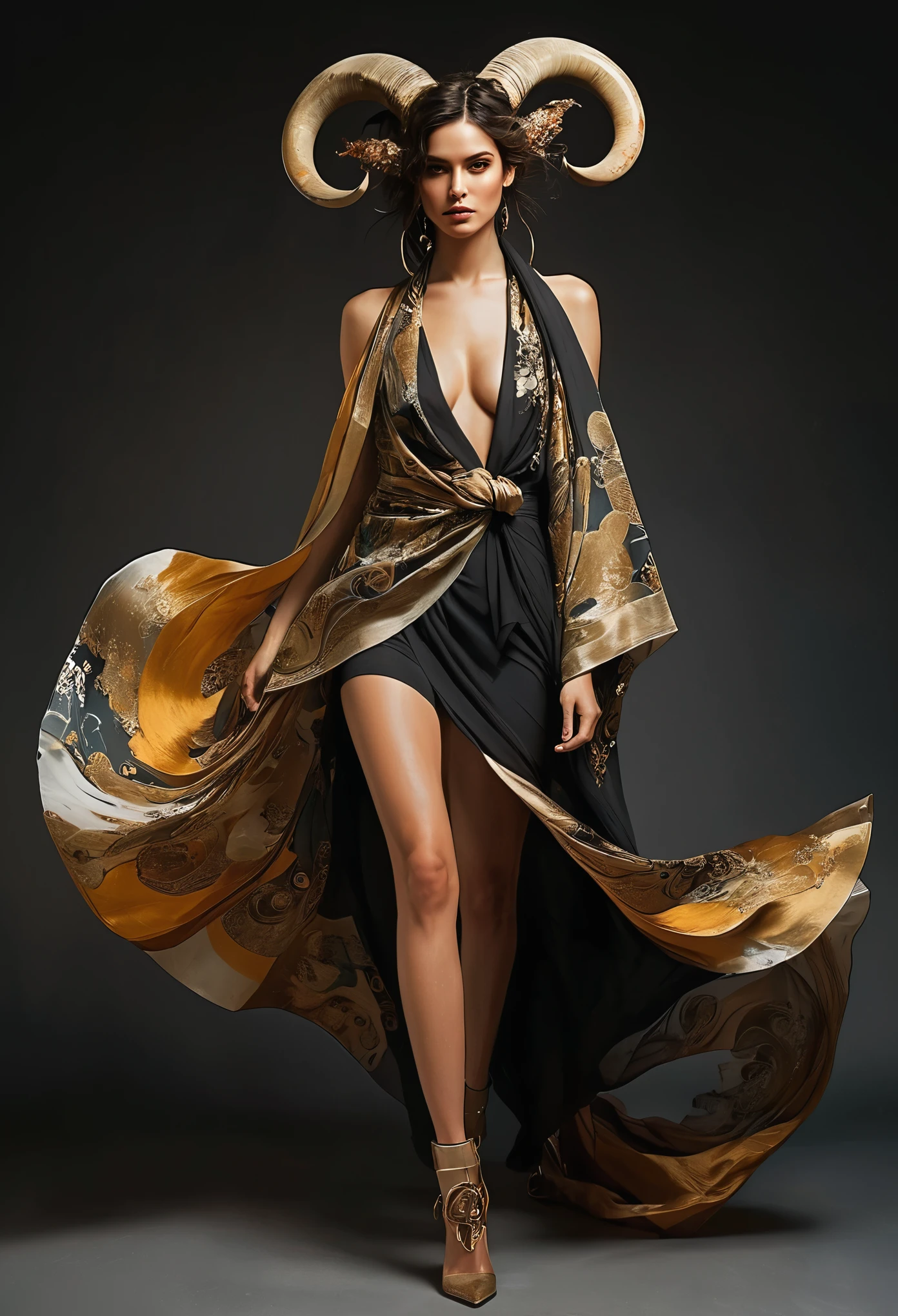 full body, (style of Simón Prades, Ismail Inceoglu, (by Ashley Wood:1.2):1.15), obscure, loose and expressive, broad brushstrokes, grays, whites, subtle skin tones, moody atmosphere, otherworldly demonic woman, ((bioluminescent fist)), Dark shadowy heels, golden eyes, dark torn scarf, golden sun tattoo, ((dark curled horns)), ((body composed of swirling energy adorned with intricate patterns resembling swirling smoke and sparkles)),