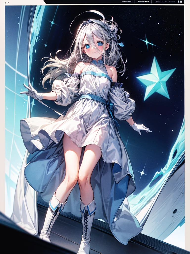 "(Highest quality,High resolution:1.2), Cute Smile, Unusual Point of View, White sweater, Medium Shot, Color decomposition color, shoulder, blush, (Gray Hair), White gloves, White boots, Blue Iris",star空の背景,star