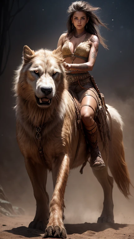 Ultra high resolution photography of a South American Native Indian multiracial thirty-five year old woman, the woman's clothing is a mix of space cowboy style and South American Native style, the woman's hairstyle is a shieldmaid mohawk and the sides of the head are tattooed, hair color colored, woman's pose is riding a Cerberus hellhound, face depicted realistically in ultra detail, body stature is tall with long legs and sensual curves and medium-sized breasts, mood of the photography is dark, Clothing top is a sleeveless cowboy shirt with a wide waist belt, legwear is a maxi leather skirt with etched Indian patterns and leather women's boots, Woman in her pose close to the camera