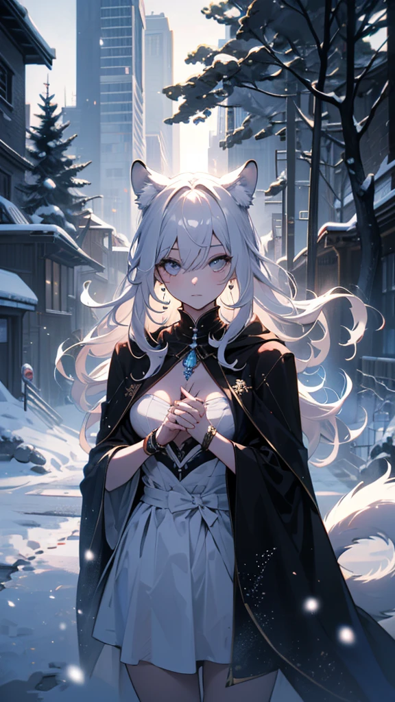 (masterpiece, best quality:1.2),1 Girl, Upper Body,Tail, large Tail, White hair, Very long hair, curls, Gray eyes, deTailed eyes, Colorful hair, ring, Bead necklace, Animal ears, Leopard ears, Black cape, White Dress, - Hip vents, Pelvic Curtain, Grey knee-length socks, snow, snow mountains, snowstorm, Volumetric Lighting, Subsurface scattering, light, Chiaroscuro, Flowing hair, Place your hands on your chest