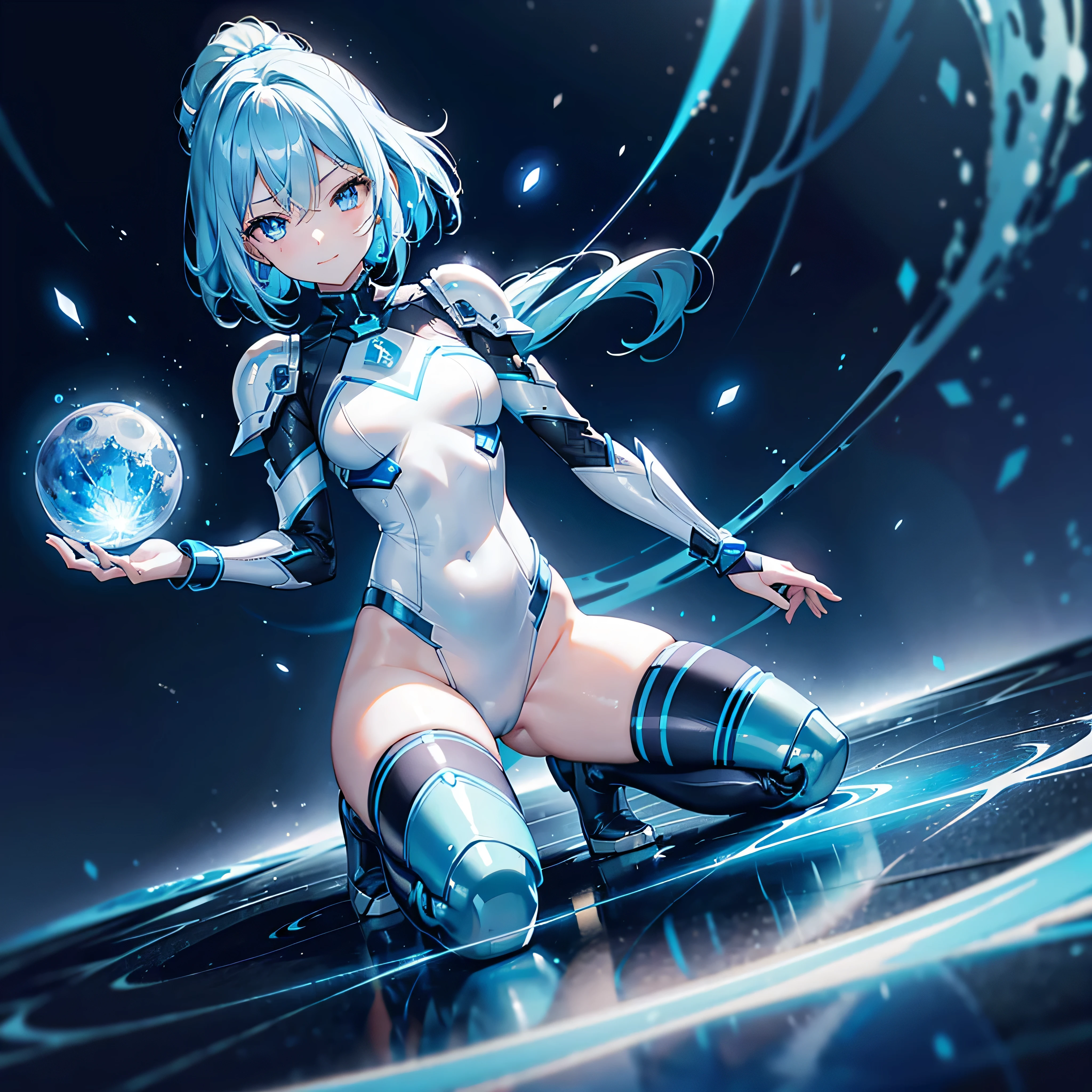 8k, Highest quality, (real:1.4), Original photo, 1 girl, Asari Hair, Biological Amplifier, Very sleek and futuristic armor, posture: Peace talks between warring factions,,attention arousal, smart blue eyes,A modest smile,Knee-high boots,Patent-look blue tights,Blue big moon and blue light swirl in the background,Blue light from behind,blue light magic,A small, glowing blue ball in the palm of your hand,Blue flame swirl,Blue Comet,Polished floor,