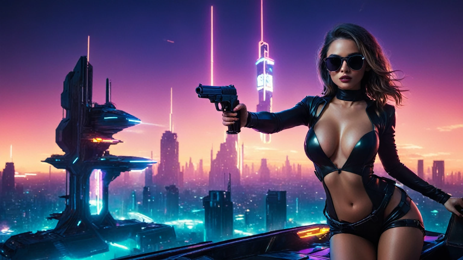 (aerial view, a flying cars docking platform, a very dark abandoned futuristic city, neon lights). 1girl, solo, alone, large-breast:1.2 slim body, cleavage:1.1, sexy dress:1.4, (black sunglasses), ((holding a pistol)), half-body thigh level medium shot, cinematic lighting, lens flare, ray tracing.