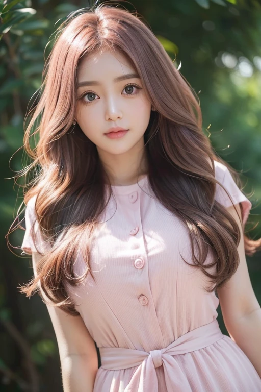 A beautiful and cute face, large eyes with deep double eyelids, eyes that look like they're about to cry, a pure and kind image, pink wavy hair down to the waist, upper body of a woman