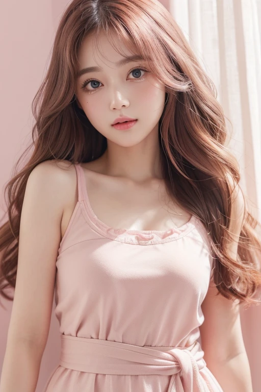 A beautiful and cute face, large eyes with deep double eyelids, eyes that look like they're about to cry, a pure and kind image, pink wavy hair down to the waist, upper body of a woman