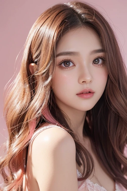 A beautiful and cute face, large eyes with deep double eyelids, eyes that look like they're about to cry, a pure and kind image, pink wavy hair down to the waist, upper body of a woman