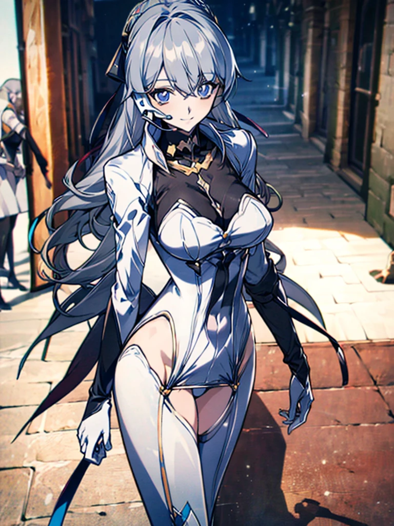 (full body),masterpiece, Highest quality, High resolution, One girl, alone, Grey Hair, Blue eyes, ( bodysuit，leotard，headset，ribbon，No sleeve, White gloves, Knee-high boots), Cowboy Shot, Hands on hips, smile, Open your mouth, Outdoor，Thick thighs，