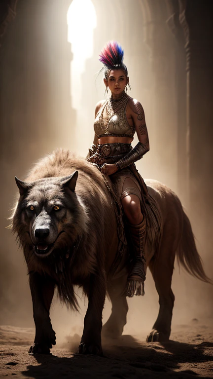 Ultra high resolution photography of a South American Native Indian multiracial thirty-five year old woman, the woman's clothing is a mix of space cowboy style and South American Native style, the woman's hairstyle is a shieldmaid mohawk and the sides of the head are tattooed, hair color colored, woman's pose is riding a Cerberus hellhound, face depicted realistically in ultra detail, body stature is tall with long legs and sensual curves and medium-sized breasts, mood of the photography is dark, Clothing top is a sleeveless cowboy shirt with a wide waist belt, legwear is a maxi leather skirt with etched Indian patterns and leather women's boots, Woman in her pose close to the camera