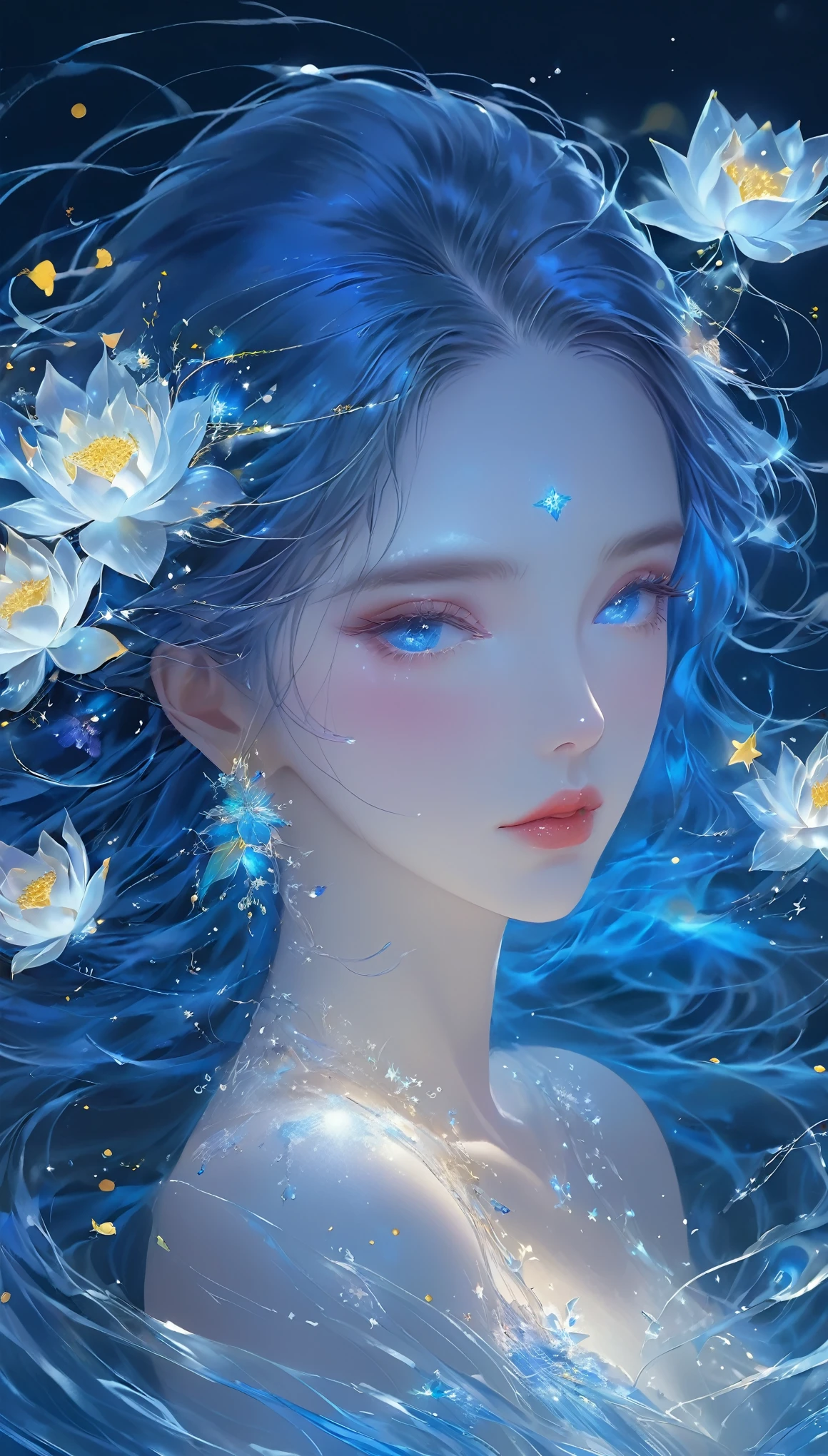Seven part photos, masterpiece, best quality, Official Art, Extremely detailed CG 8k wallpaper,(Flying petals)(Detailed ice) , water晶质感皮肤, Cold expression, White hair, Long hair, Messy hair, blue eyes, Looking at the audience, Extremely refined, water, ((Beautiful and delicate eyes)), Very detailed, light,((Pretty Face),fine water surface, (Original figure painting), Very detailed, Very detailed, (Extremely refined), Beautiful and delicate eyes,Imagine a glass woman, Her exquisite figure is like a work of art, Crying under the stars. The blue night enveloped her, A melancholy light enveloped her graceful figure. Her glass Body Glows with bright blue hues, Every line and curve is engraved with intricate detail. The glass in her eyes reflects the twinkling stars, Embodying the infinite depth and emotion of the universe. Her sadness is beyond words, But her beautiful figure remains unaffected, Proof of the extraordinary power of emotion. This 4K glass woman is a delicate painting of light and shadow, color, and feeling, arrive，Body Glow，Glowing Line，Fluorescence,Glow Example，Tracking Example，flash，萤Light Particles，Backlight，translucent，Light Particles，Correct human ???????，