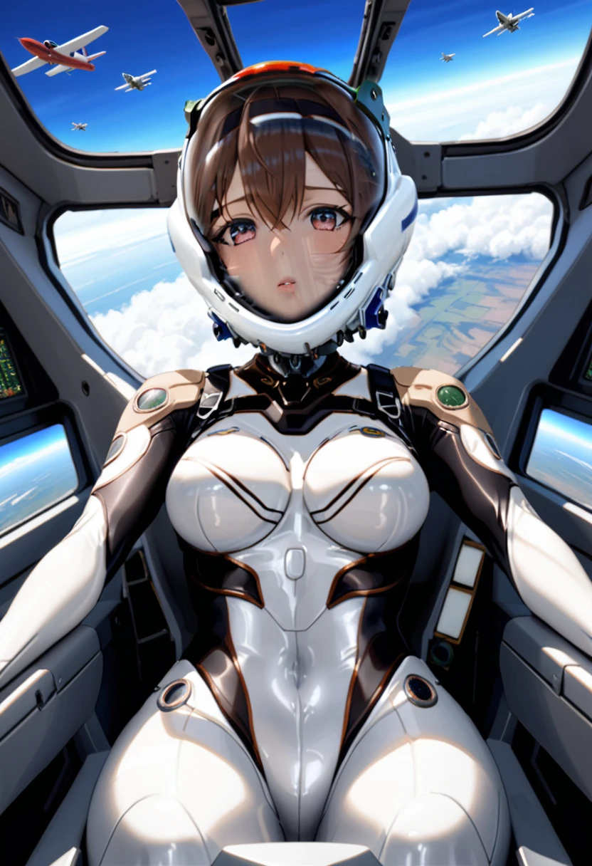 ((Female pilot in the cockpit of a reconnaissance plane), (airplane cockpit), (in flight), (10000 feet altitude)、(sky view):1.7),, short hair, street, emo, BLACK hair, white eyes, eyeliner, apocalypse, girl, nside the (cockpit:1.9) of a (futuristic spaceship:1.6), , blush,sitting on a chair, covered navel, space helmet, muvluv, space helm, plug suit , space helmet, eva helm, space suit, short hair,
(space helmet:1.7), from side