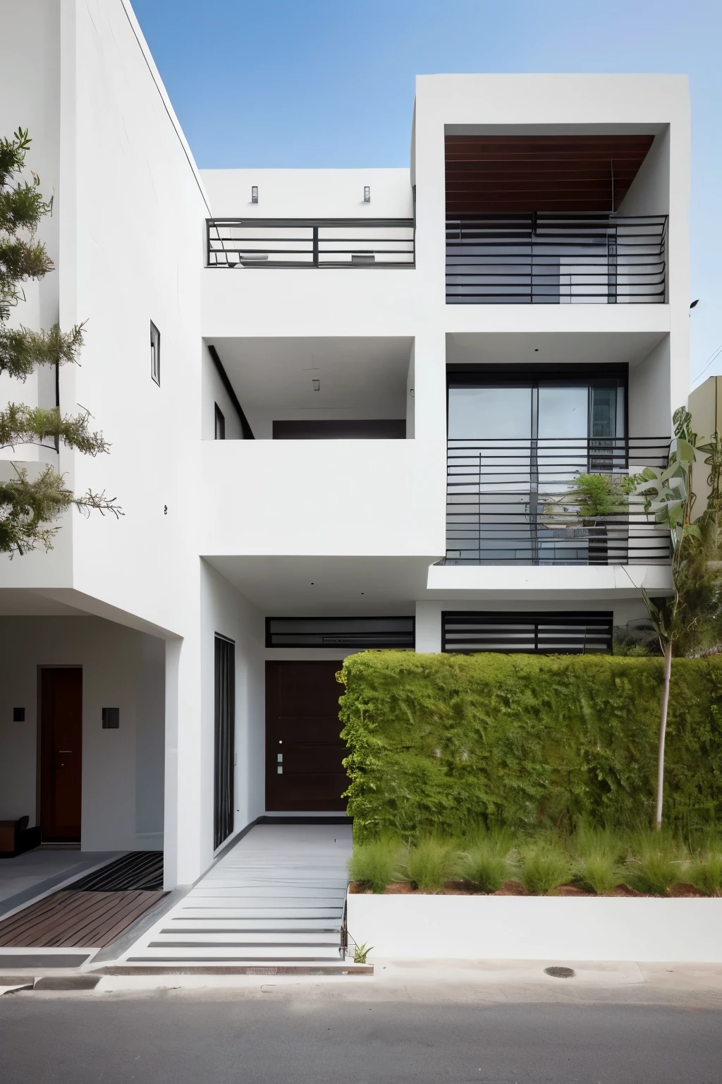 A modern street-front villa, inspired by Vo Trong Nghia's architectural style, stands out against the urban backdrop. The predominantly white and gray color scheme, with its light-colored concrete facade and white paint, is accentuated by solid wood highlights, creating a harmonious blend of minimalism and warmth. Clean lines and large windows serve to allow abundant natural light to flood the interior, while open floor plans invite a sense of spaciousness. The image is captured using a DSLR camera with an aperture of f/8, ISO 100, and a shutter speed of 1/125s, resulting in a sharp and well-exposed photograph that