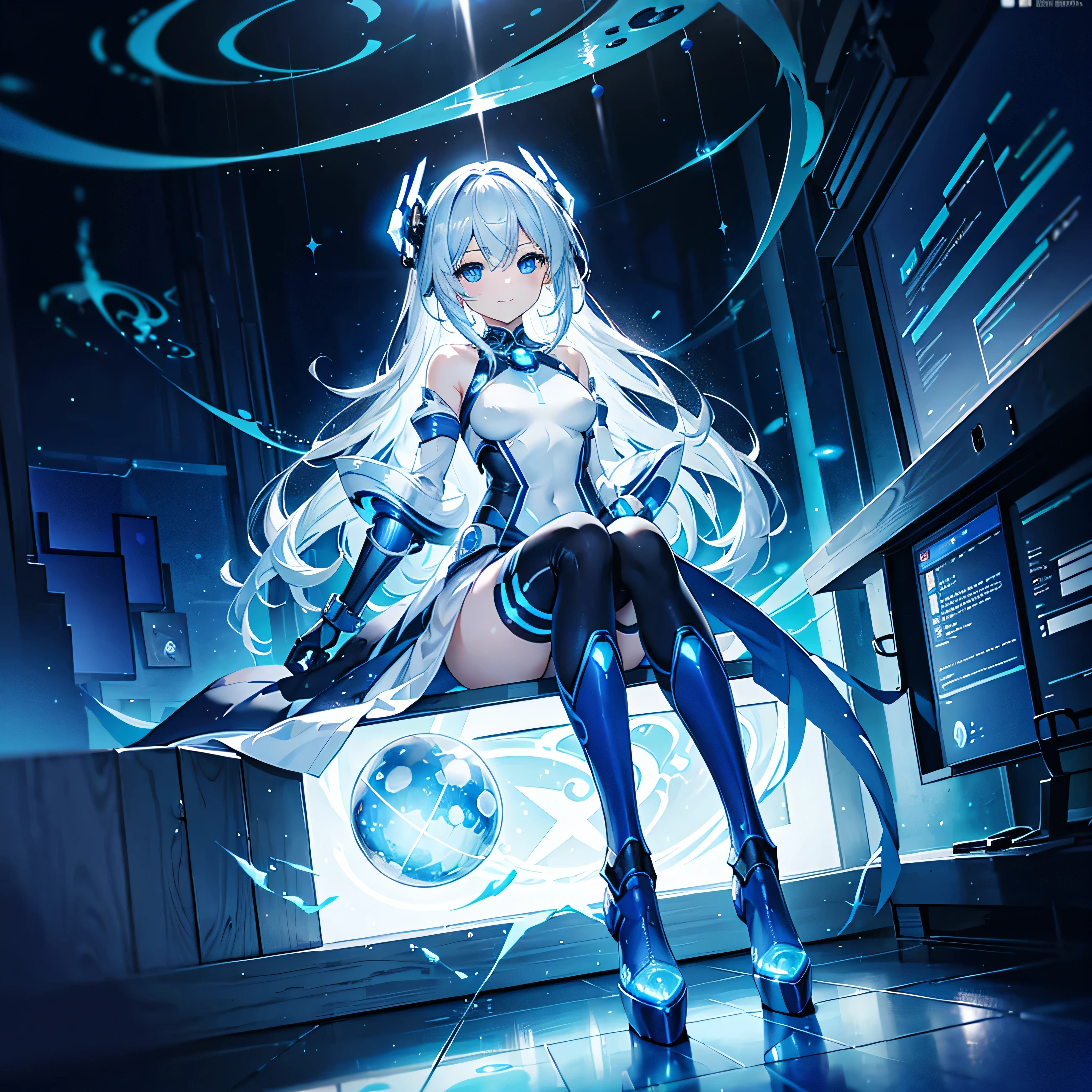 8k, Highest quality, (real:1.4), Original photo, 1 girl, Asari Hair, Biological Amplifier, Very sleek and futuristic armor, posture: Peace talks between warring factions,,attention arousal, smart blue eyes,A modest smile,Knee-high boots,Patent-look blue tights,Blue big moon and blue light swirl in the background,Blue light from behind,blue light magic,A small, glowing blue ball in the palm of your hand,Blue flame swirl,Blue Comet,Polished floor,