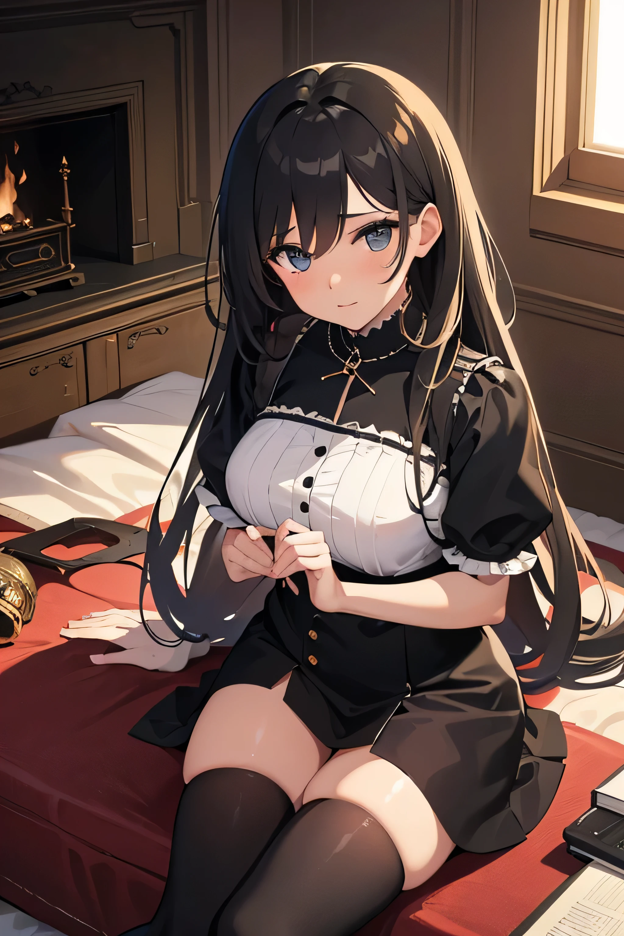 high definition, detailed, shiny, dark skin , gorgeous Innocent girl with thigh-high stockings and a . The innocent girl is blushing in a innocent and flustered way. big room with furniture and fire place.
2. Create an Anime style piece inspired by with fine lines and high detail.
3.Using Ai generated algorithm to create a luminescent background of a cluttered bedroom thats in a realistic setting.
4. Redifine the full Image to look hyper realistic with sharp lines and high resolution.
5. Redifine the Image using Ai algorithm to make the image photo have beautiful dark to light detail