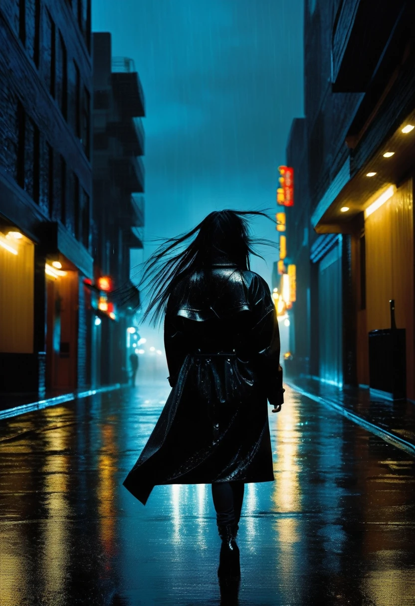 In a dark, stormy city, a woman walks alone, her back to the camera. She is seen from behind, with her long black hair and coat being whipped by the wind and rain. The cityscape around her is dimly lit, with rain pouring down and the streets reflecting the distant, flickering lights. The atmosphere is intense and lonely, emphasizing her solitary journey through the storm.BillieEilish,wearing black clothes.