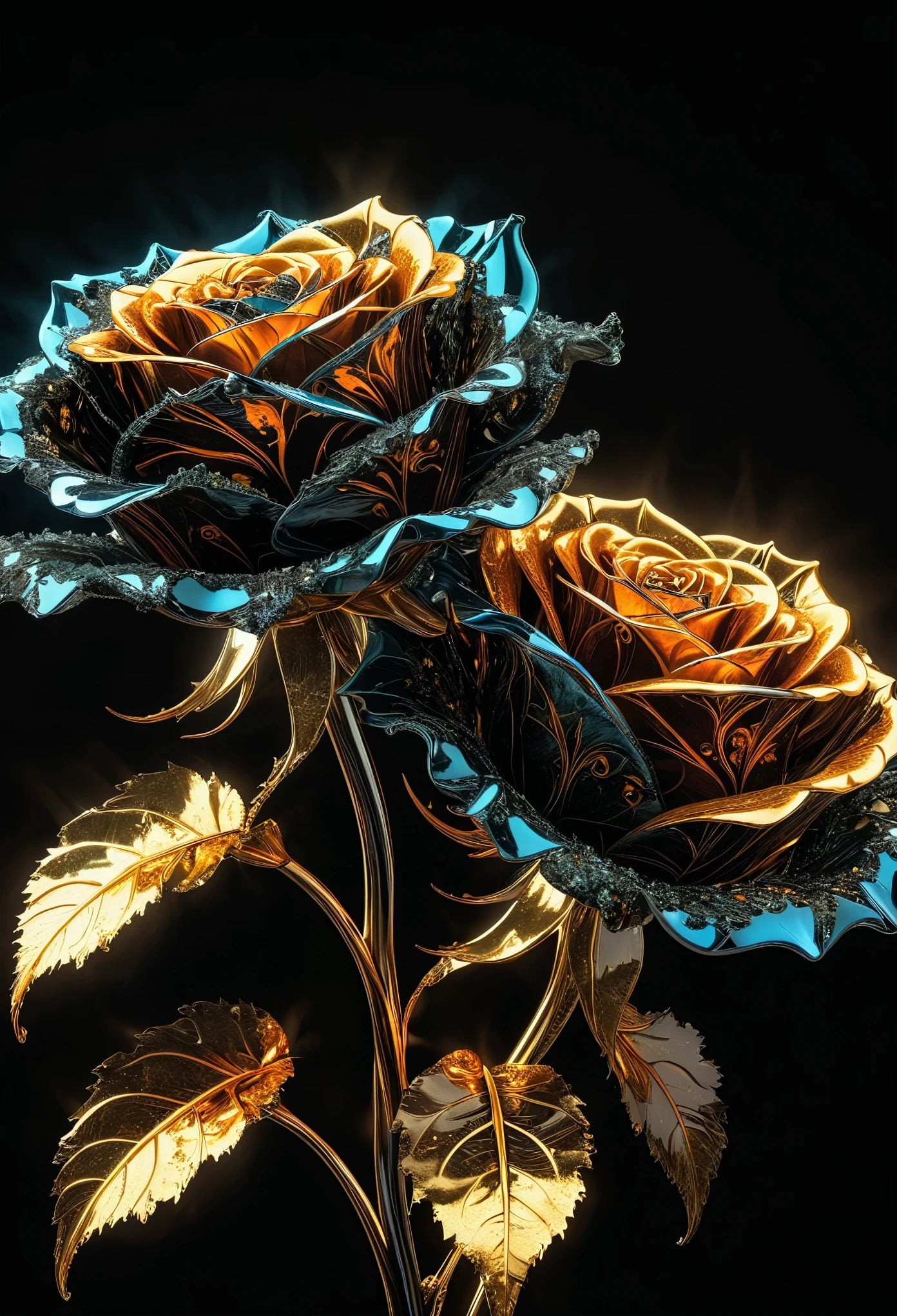 cinematic photo breathtaking hyperrealistic art A digital illustration combining elements of two images: a scene of black, charred roses with faetastic Glowing embers amidst a dark, ash-covered ral-oilspill ground, and an shiny intricate fractal design resembling a ral-polishedsteel golden flower with complex patterns and details. The composition blends the dark, burnt elements with the bright, glossy elegant fractal flower, creating a dramatic and surreal visual effect with high contrast and day-glo details. . extremely high-resolution details, photographic, realism pushed to extreme, fine texture, incredibly lifelike . award-winning, professional, highly detailed . 35mm photograph, film, bokeh, professional, 4k, highly detailed
