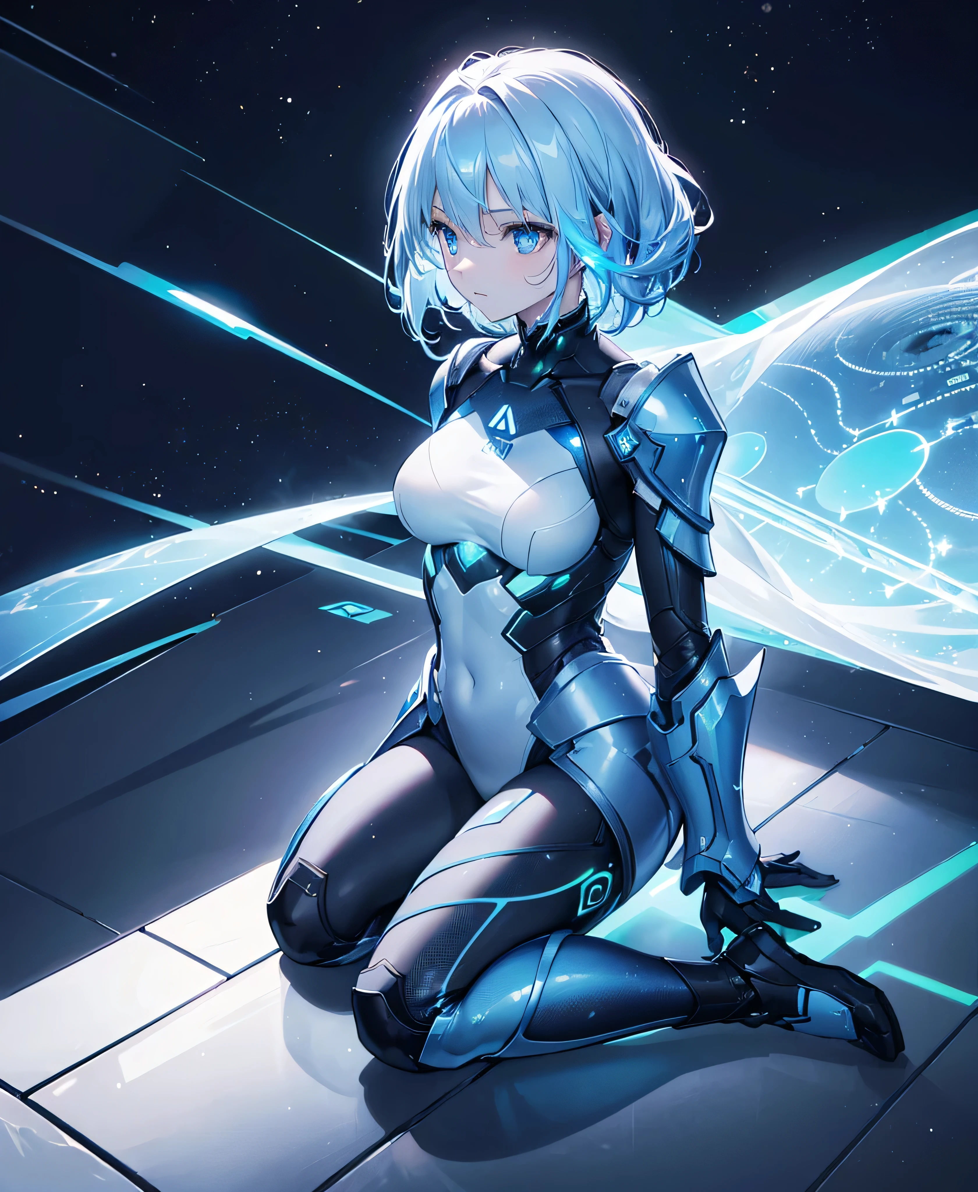 ((Holographic glow effect)),8k, Highest quality, (real:1.4), Original photo, 1 girl, Asari Hair, Biological Amplifier, refined armor, posture: Peace talks between warring factions, smart blue eyes,whole body