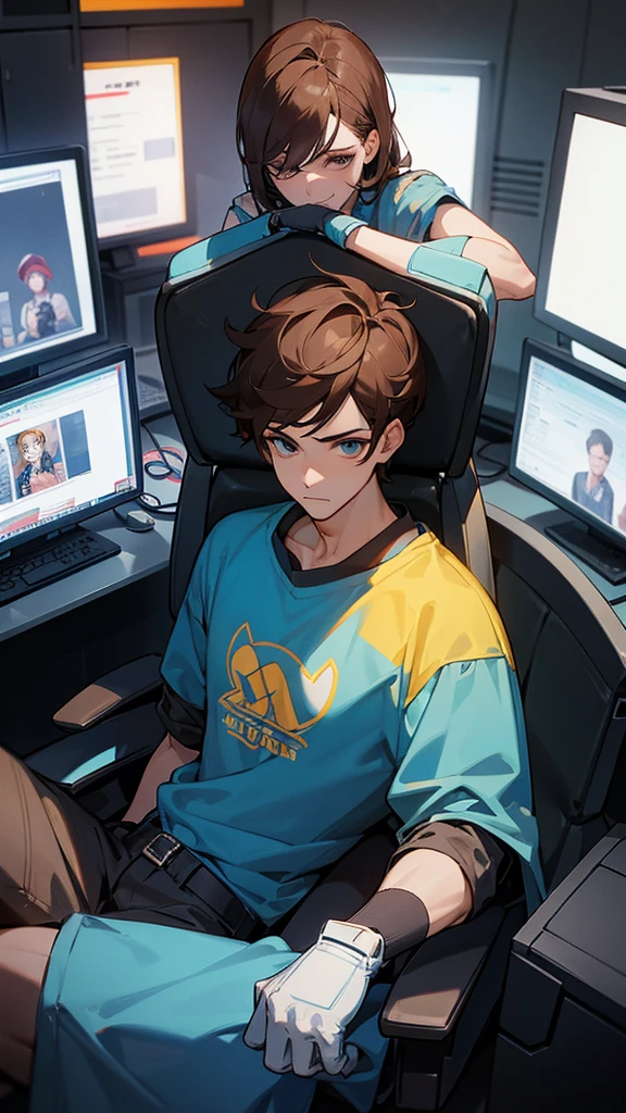 Cyrus is a doll depicted as a hardcore gamer in a blue chair, with computers and other machines with pictures of in-game characters behind them. He has brown hair covering his face and is shown holding a trophy. Ele veste uma camisa azul com logotipo amarelo e gola preta. on his right hand, he wears a glove similar to the NES electric glove.