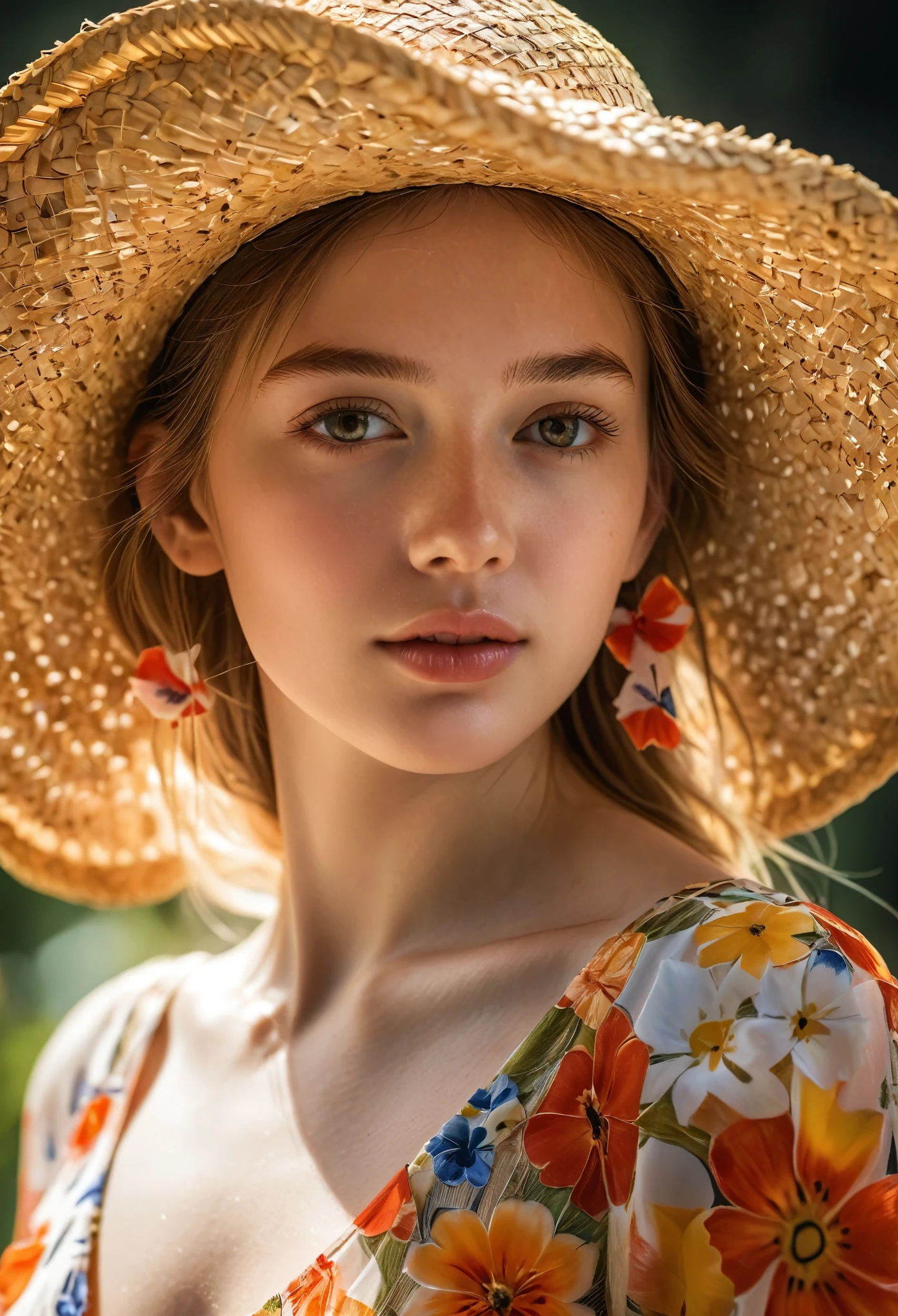 (extreme close up:1.4), (face focus:1.4),(side face:1.4)),(1girl surrounded by soft_light:1.4), (backlighting:1.4), (lighting),(flowing fabric:1.3), ((Floral_summer_dress:1.4),(Straw_hat:1.3)), (masterpiece), realistic, HDR, highly detailed, 8k, raw photo, ambient occlusion, natural, harmonious composition, warm tones, fine art photography,