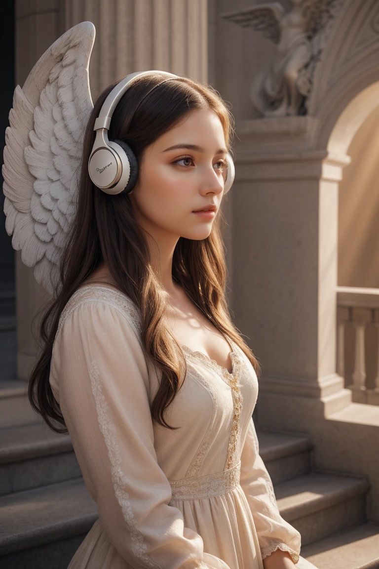 a beautiful girl listening to music with headphones on her ears on the stairs under an angel statue, detailed face, detailed eyes, detailed lips, beautiful dress, sunlight, high quality, digital art, photorealistic, 8k, hyperdetailed, intricate details, dramatic lighting, warm color tones, cinematic, magical