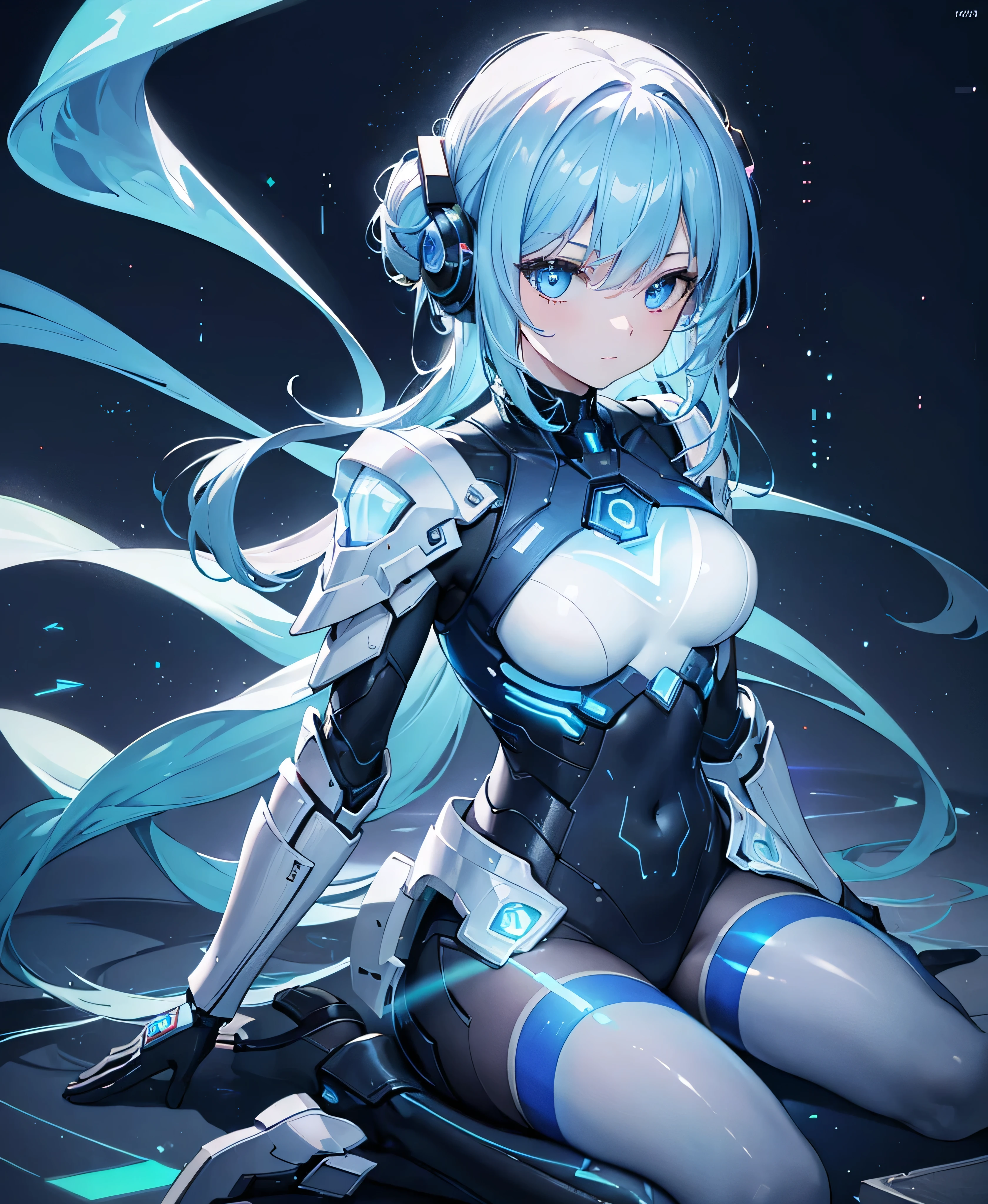 ((Holographic glow effect)),8k, Highest quality, (real:1.4), Original photo, 1 girl, Asari Hair, Biological Amplifier, refined armor, posture: Peace talks between warring factions, smart blue eyes,whole body