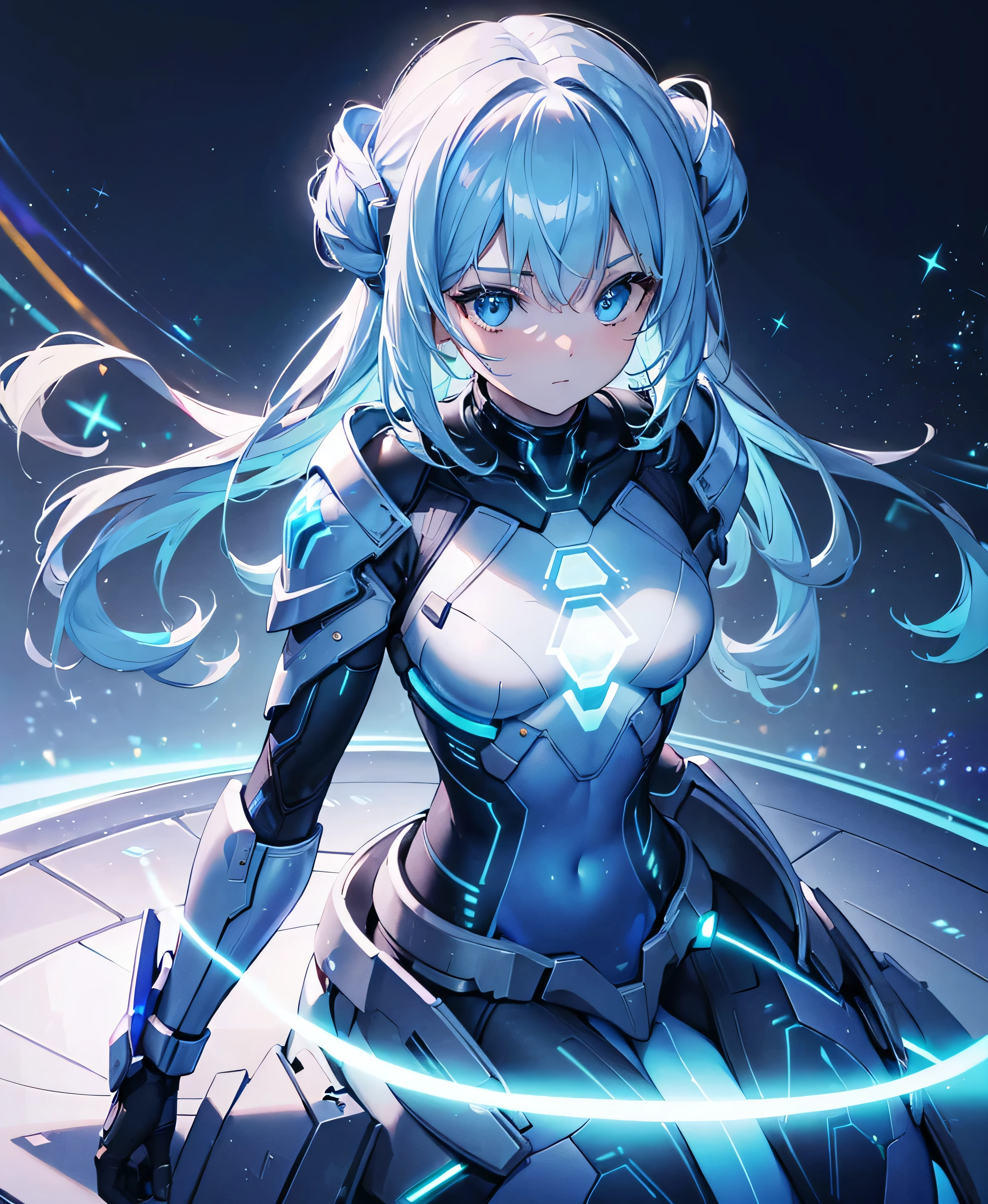 ((Holographic glow effect)),8k, Highest quality, (real:1.4), Original photo, 1 girl, Asari Hair, Biological Amplifier, refined armor, posture: Peace talks between warring factions, smart blue eyes,whole body