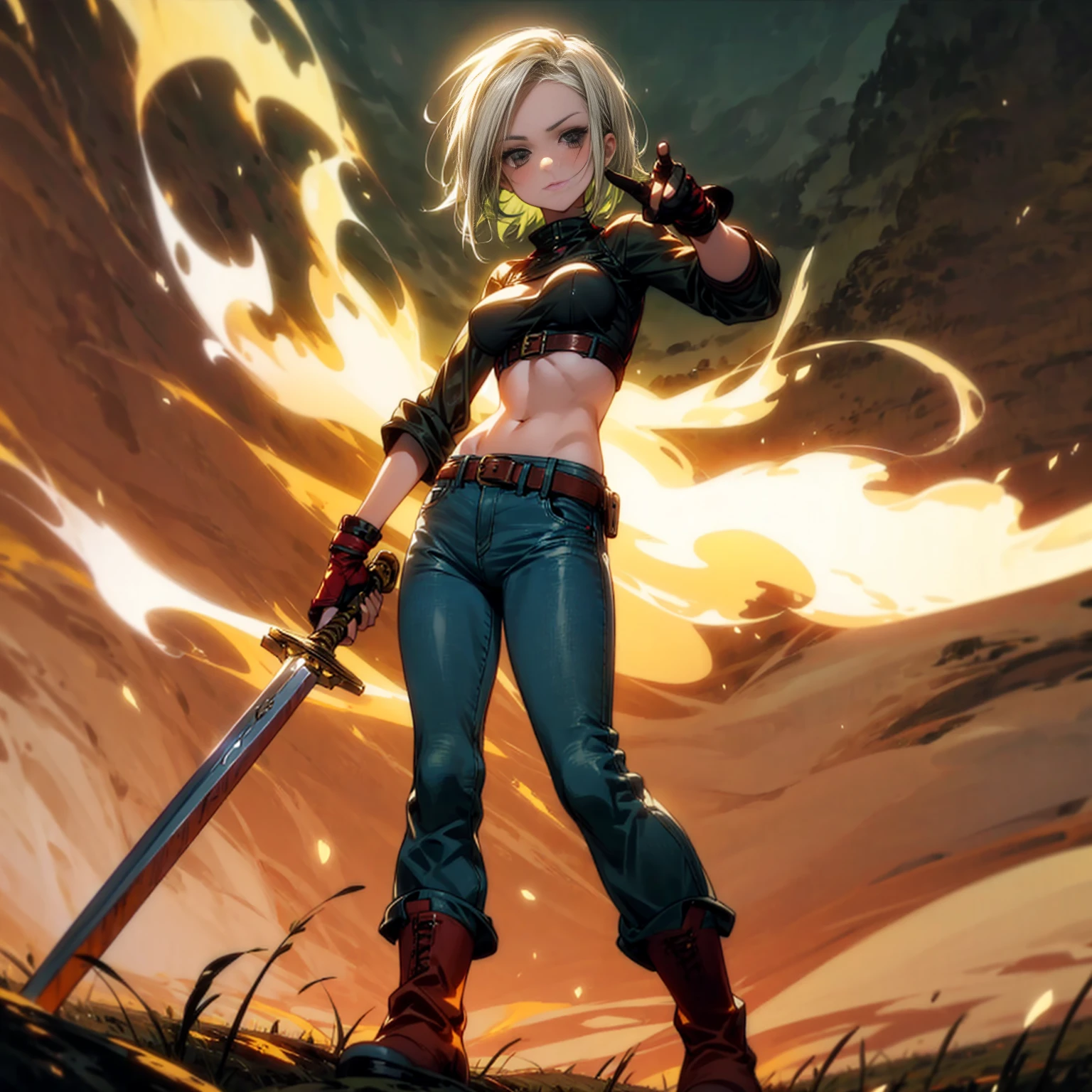 Solo character, full body version, girl, tall height, white half green color hair, black eyes, short hairstyle, crop top, gloves, long jeans, belt, bracelet, red boots, evening, field, Moonlight, standing gesture, sword in hand, Big breasts, glow effect in sword, glow effect, Fire effect, blood on Character, plaster on nose 