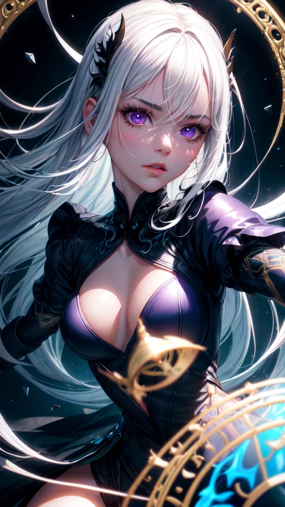 (masterpiece, best quality, ultra-detailed, best shadow), (detailed background,dark fantasy), (beautiful detailed face), high contrast, (best illumination, an extremely delicate and beautiful), ((cinematic light)), colorful, hyper detail, dramatic light, intricate details, (1girl, solo,white hair, sharp face,purple eyes, hair between eyes,dynamic angle), blood splatter, swirling black light around the character, depth of field,black light particles,(broken glass),magic circle,