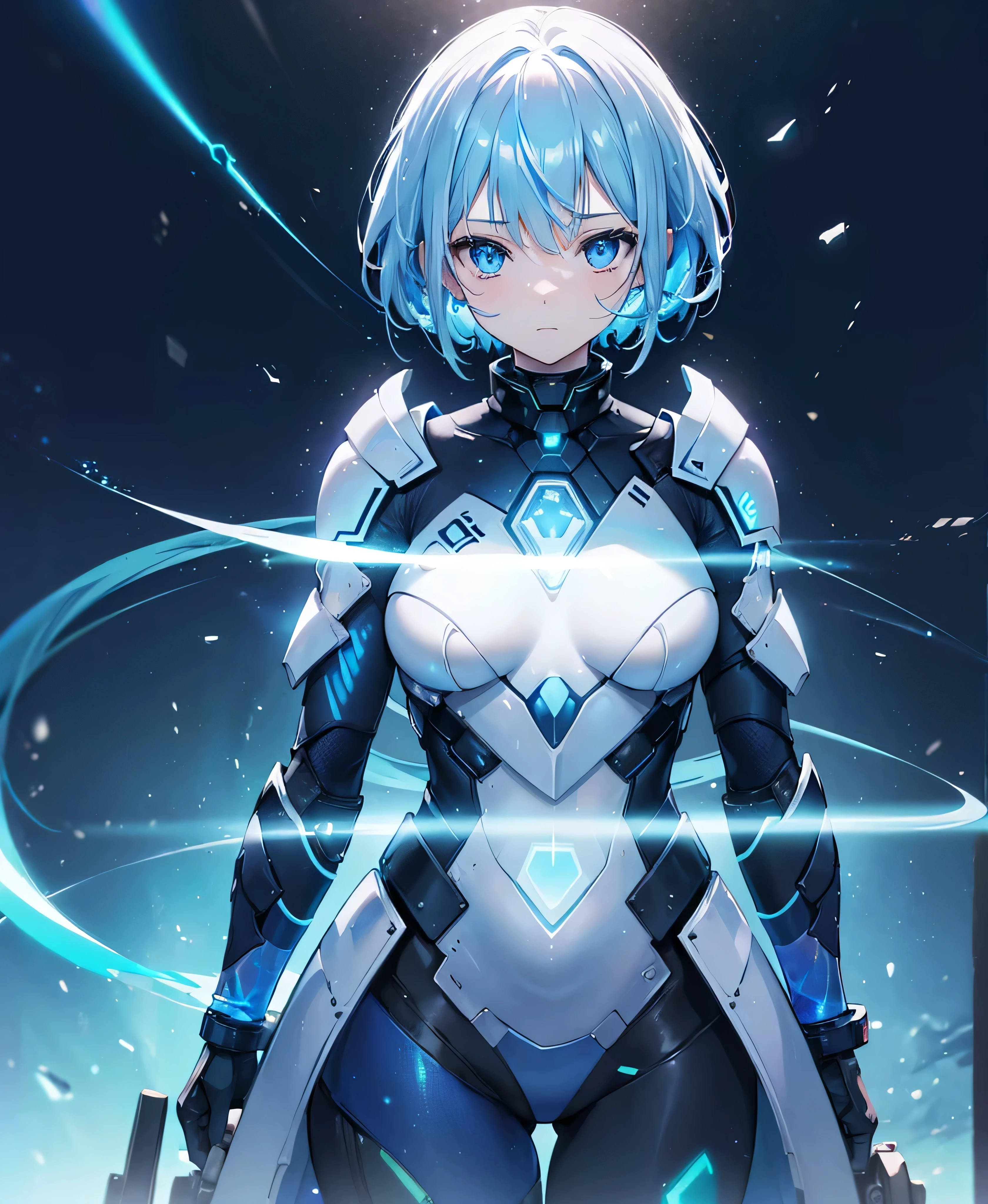 ((Holographic glow effect)),8k, Highest quality, (real:1.4), Original photo, 1 girl, Asari Hair, Biological Amplifier, refined armor, posture: Peace talks between warring factions, smart blue eyes,whole body