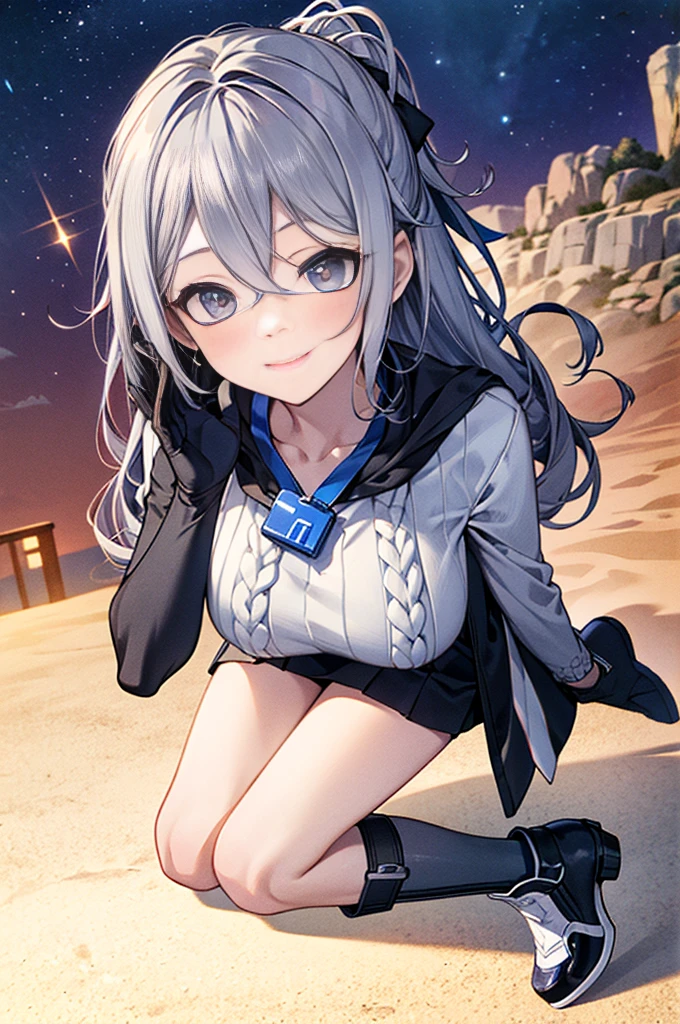 "(Highest quality,High resolution:1.2), Cute Smile, Unusual Point of View, White sweater, Medium Shot, Color decomposition color, shoulder, blush, (Gray Hair), White gloves, White boots, Blue Iris"，star空の背景，star