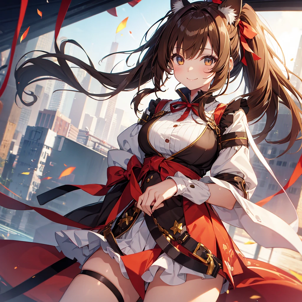One girl, Brown Hair, ponytail, Large Breasts, smile, ribbon hair accessories, Anime Style, Cat ear,