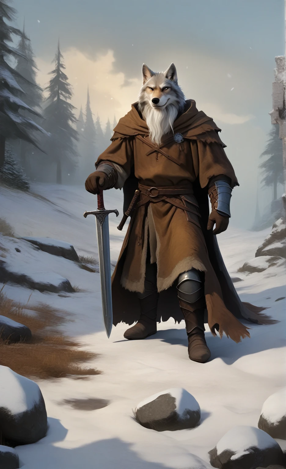 Solo, smug, friendly and stern looking, Solo anthro furry wolf medieval knight, he has dark grey and white fur, he has big white brows, he has long wizard furr beard, , he has long wizard furr beard, , he has long wizard furr beard, he is wearing heavy knight medieval old worn out rusted plate armor and a navy blue medieval dirty worn out old cloak, he is holding a medieval sword, in blizzard battle nqdscape, masterpiece digital painting, digital painting, full body look, 

