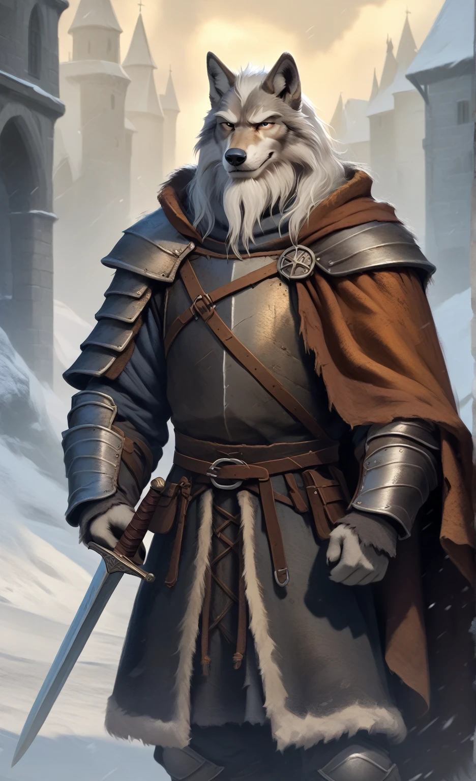 Solo, smug, friendly and stern looking, Solo anthro furry wolf medieval knight, he has dark grey and white fur, he has big white brows, he has long wizard furr beard, , he has long wizard furr beard, , he has long wizard furr beard, he is wearing heavy knight medieval old worn out rusted plate armor and a navy blue medieval dirty worn out old cloak, he is holding a medieval sword, in blizzard battle nqdscape, masterpiece digital painting, digital painting, full body look,