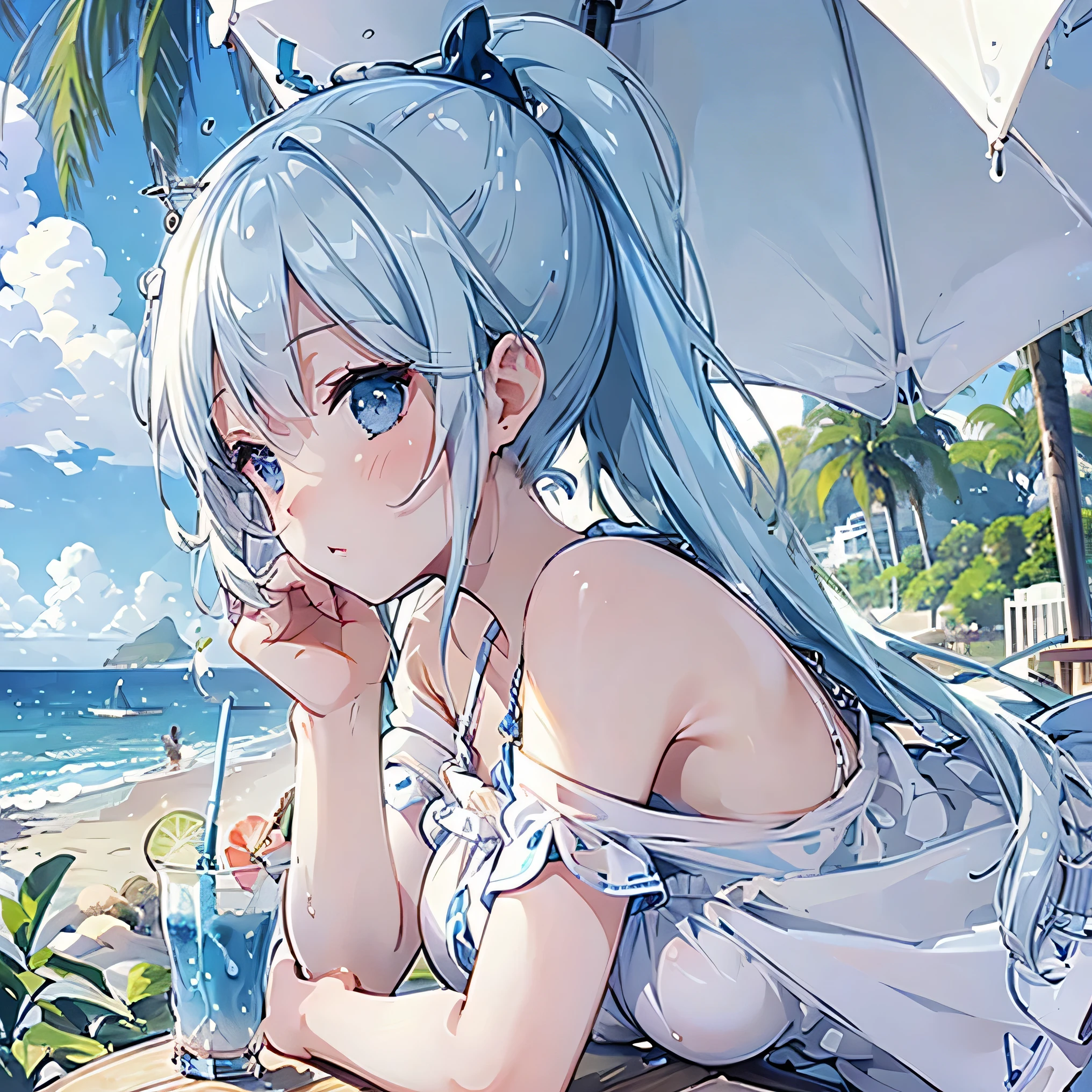 Seaside, blue eyes, ponytail, White dress, Cafe, Profile, Beach,Beach parasol, Relax, tropical juice, aquamarine hair, water drop