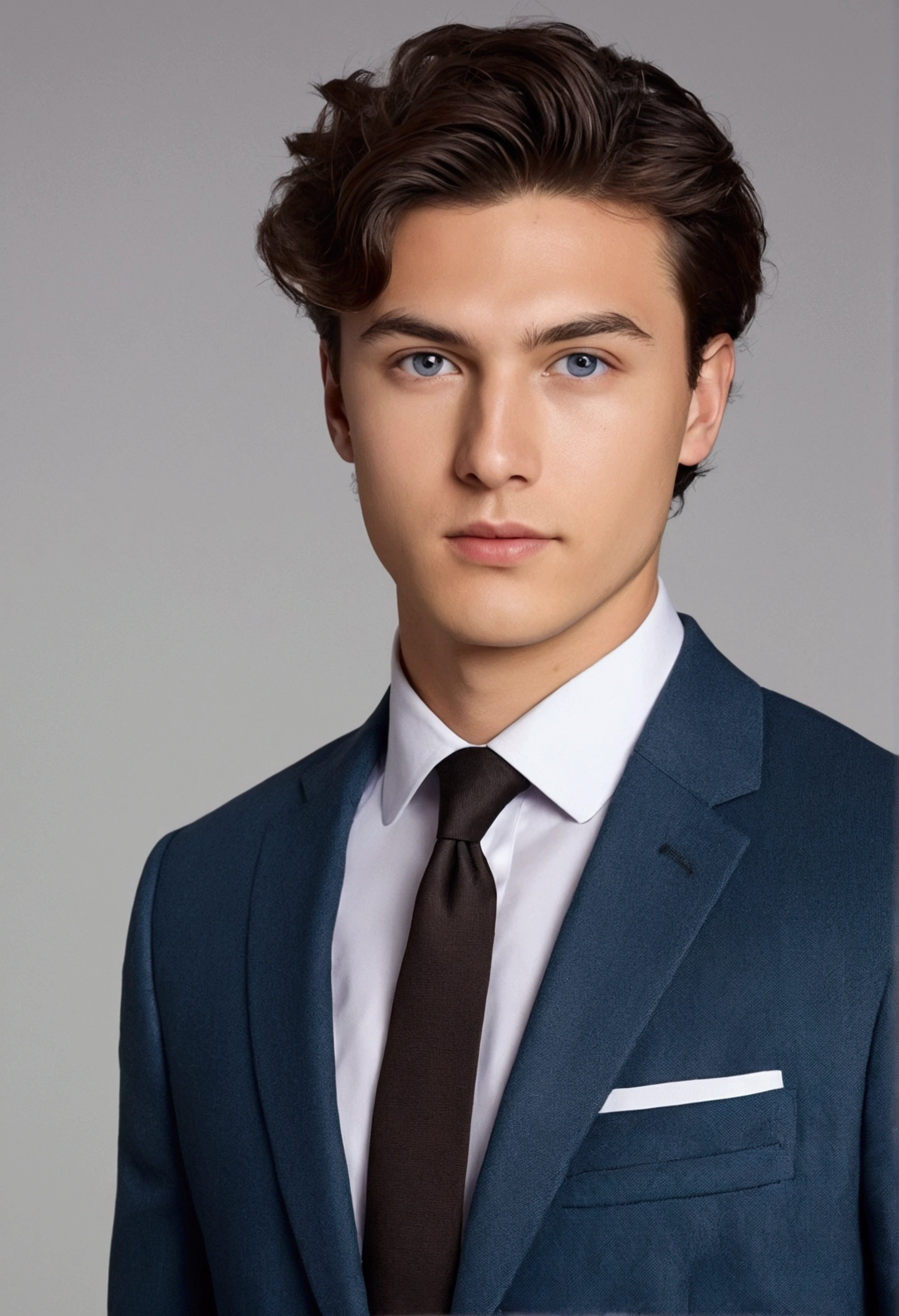 Generate an image of a 23-year-old Caucasian male with a triangular face shape and a pronounced chin. He has deep blue, slightly almond-shaped eyes that are set slightly inward, medium lips with a subtle curve, and a narrow nose with a well-defined bridge. His ears are small and rounded. His smart casual attire includes a light gray, well-fitted blazer over a crisp white dress shirt, paired with dark, slim-fit trousers and polished black loafers. His short, wavy brown hair is styled neatly and frames his face. He has a confident, approachable expression suitable for a professional profile picture.
