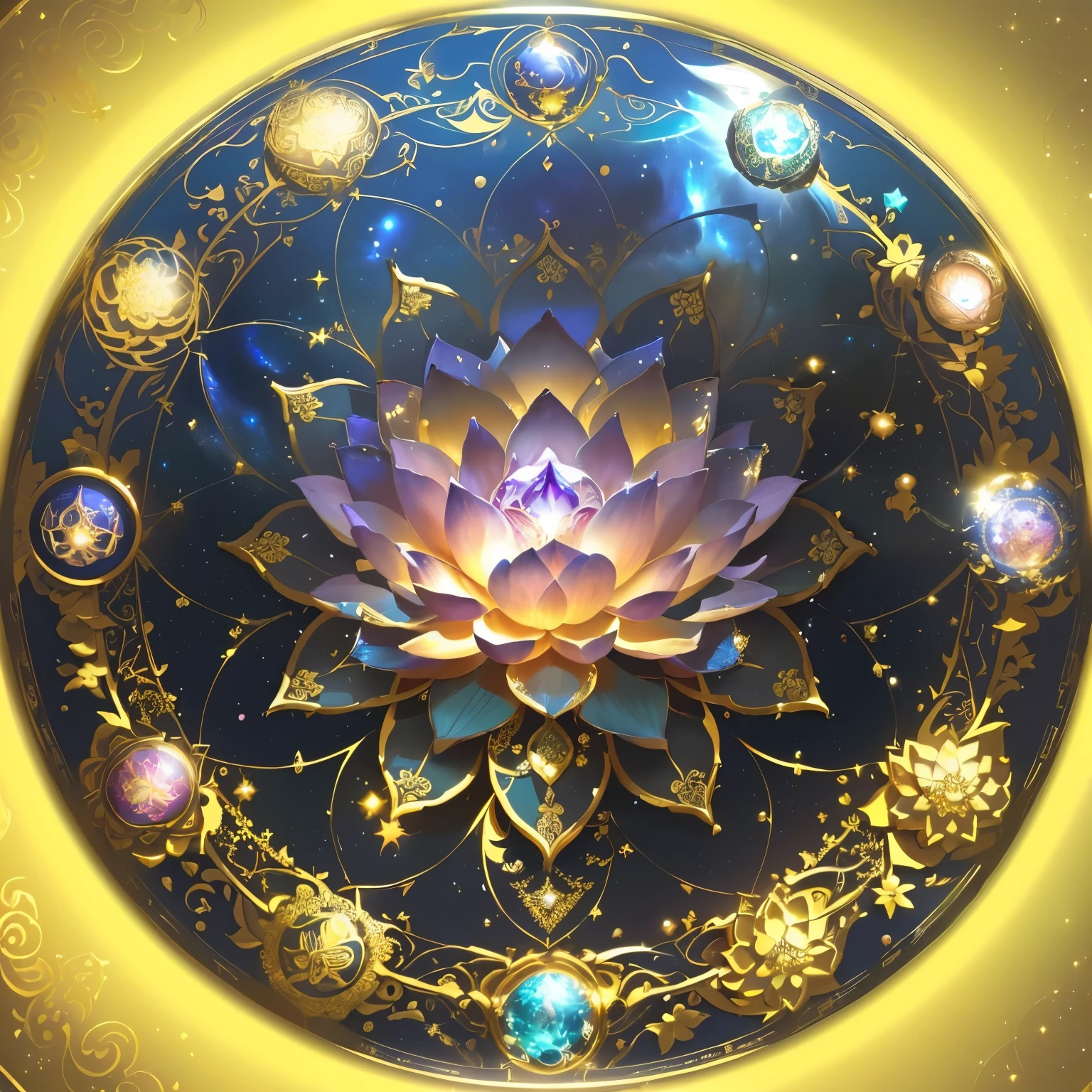 There is a painting,There is a lotus in the painting,Surrounded by many jewels, 8K HD wallpaper JPEG artifact, 8K HD wallpaper JPEG artifact, ornate galactic gold, ornate gilded cosmic machine, floating symbols and crystals, celestial cosmos, Gilded Lotus Princess, Golden sacred tree, Astral Ether, Star appearance, Any Chakra, lotus mandala, Beautiful Celestial Mage