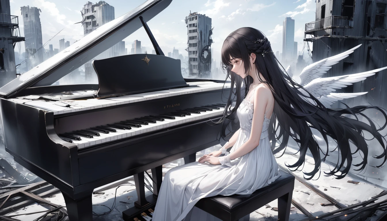 ultra realistic, adolescence girl, (a lot of frills), (black long hair), The black-haired angel has a (body of pure white machinery), (white wings are composed of intricately crafted gears and wires), On the rooftop of a ruined skyscraper, a black-haired mechanical angel (play the piano:1.2). Her pure white body, in contrast to the surrounding devastation, seems to symbolize new life. As her fingertips touch the piano keys, a beautiful melody resonates in the silence.