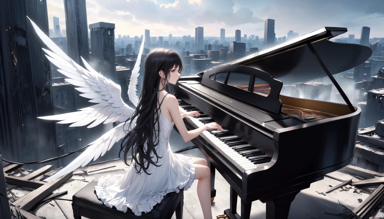 ultra realistic, adolescence girl, (a lot of frills), (black long hair), The black-haired angel has a (body of pure white machinery), (white wings are composed of intricately crafted gears and wires), On the rooftop of a ruined skyscraper, a black-haired mechanical angel (play the piano:1.2). Her pure white body, in contrast to the surrounding devastation, seems to symbolize new life. As her fingertips touch the piano keys, a beautiful melody resonates in the silence.