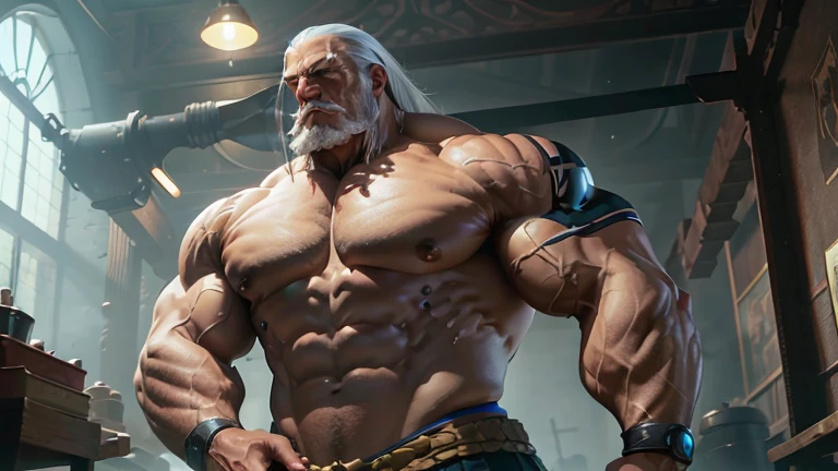 A giant muscular old man, manly, huge ass, growing more and more, torn garments, peito huge ass, brave face, bravo, angry, imposing presence, incredible strength, head looking above, looking up, indoors, muscular arms, thick, muscular legs, Robust appearance, immense power, dominant, Unstoppable strength, overwhelming aura, monumental strength, corpo huge ass, muscle definition, crushing musculature, colossal strength, Epic Proportions, invincible titan, Intimidating Enforcer, manly, sexly, manly, black skin, dark olive skin color, blue eyes, nose with pronounced bridge and outward curve that protrudes from the base of the nose, oiled skin, absurdly huge nose, hawk nose, big old man nose, concave nose, well groomed moustache, (80 years old daddy), enormous nose, eagle like nose, veins, sharp well groomed beard