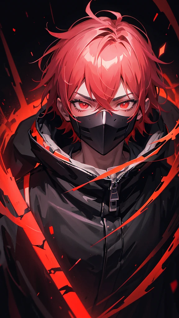 Generate a 2d Anime boy character in dark and red them with dark room in gaming lighting with awesome glow effect wearing a black body and black mask The Mask have unique design 