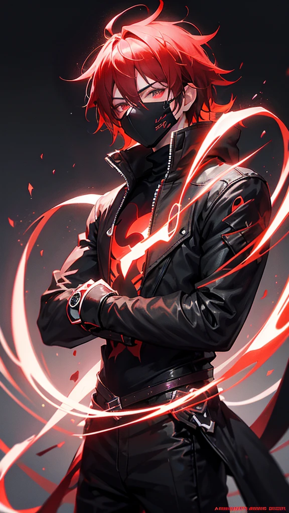 Generate a 2d Anime boy character in dark and red them with dark room in gaming lighting with awesome glow effect wearing a black body and black mask The Mask have unique design