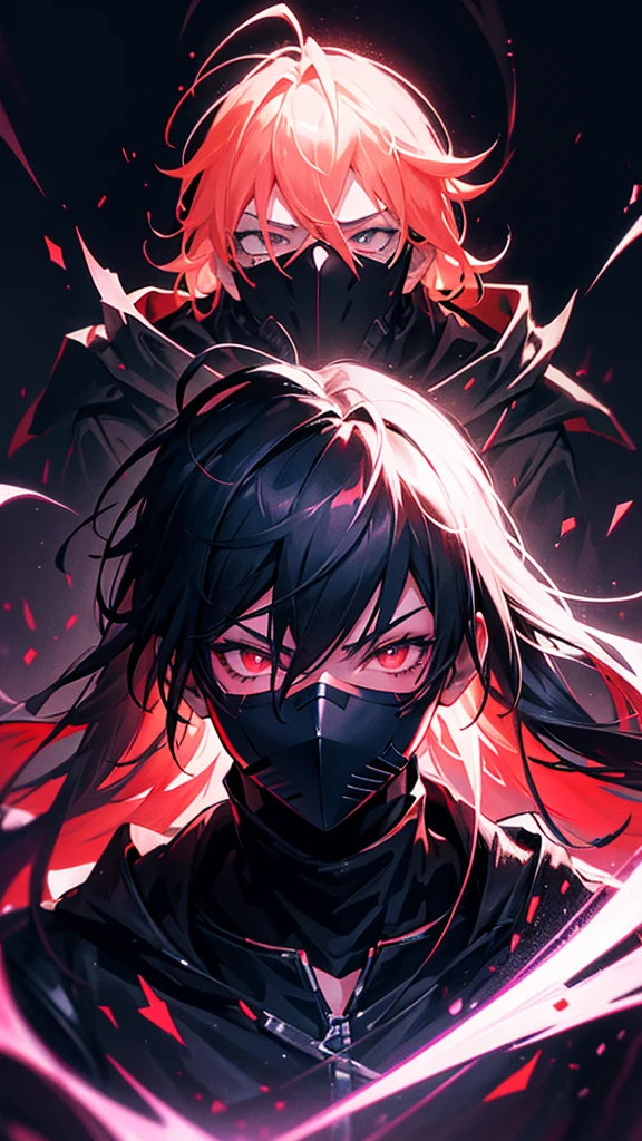 Generate a 2d Anime boy character in dark and red them with dark room in gaming lighting with awesome glow effect wearing a black body and black mask The Mask have unique design