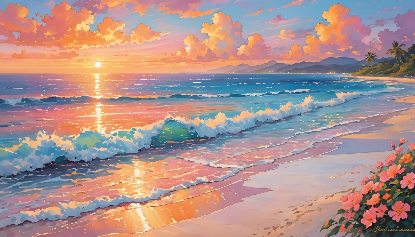 Capture the magic of a serene twilight on a secluded beach, where soft waves kiss the shore, and a gentle breeze whispers promises of love. Imagine a couple walking hand in hand, their laughter mingling with the sound of the ocean, as the sky paints itself in hues of pink and orange