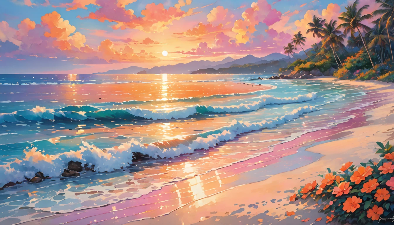 Capture the magic of a serene twilight on a secluded beach, where soft waves kiss the shore, and a gentle breeze whispers promises of love. Imagine a couple walking hand in hand, their laughter mingling with the sound of the ocean, as the sky paints itself in hues of pink and orange