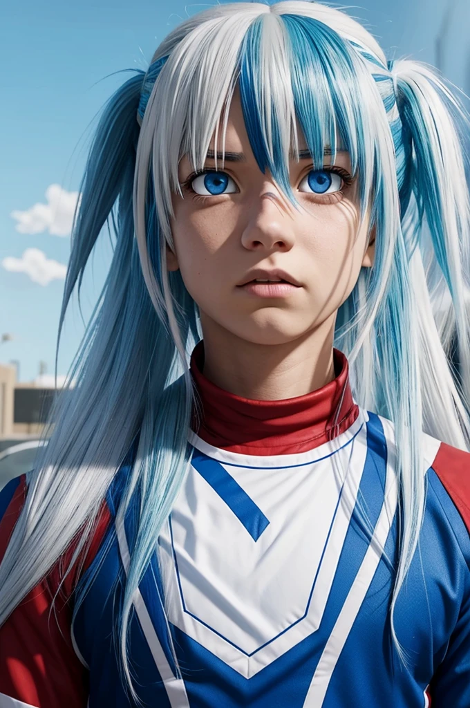 Screenshot of My Hero Academia.
A girl with long straight white hair with blue tips, with bangs, He has different colored eyes, one blue and the other red., has a serious expression, He is wearing the UA uniform, is with bakugo katsuki, background the UA hall