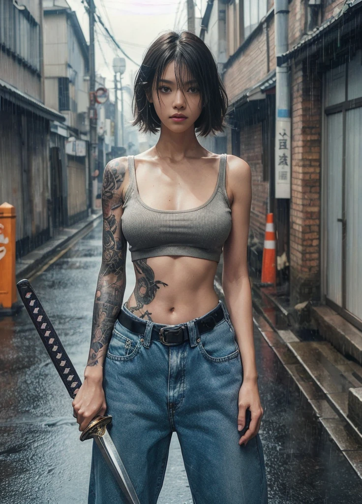 8k,Realistic skin texture、Surrealism、Realistic photos、Japanese women、、Standing with Japanese sword in hand、Try your best.、The tip of the sword points at me、Vest,oversized jeans、sports shoes、Shinjuku Backstreets、Innovative composition、Full body image、、Looking thoughtful、Tattoo、rain