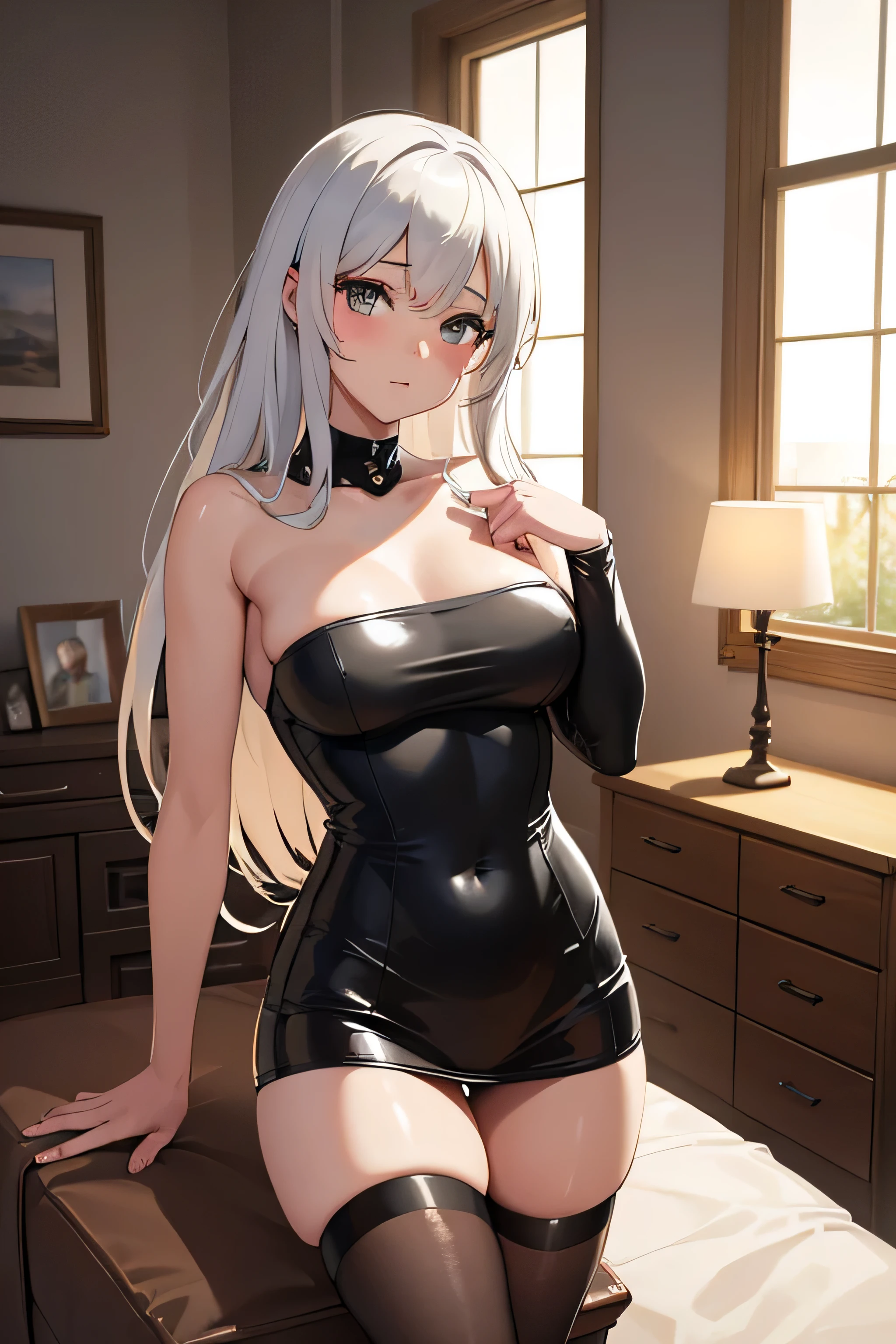 high definition, detailed, shiny, dark skin , gorgeous Innocent girl with thigh-high stockings and a . The innocent girl is blushing in a innocent and flustered way. big room with furniture and fire place.
2. Create an Anime style piece inspired by with fine lines and high detail.
3.Using Ai generated algorithm to create a luminescent background of a cluttered bedroom thats in a realistic setting.
4. Redifine the full Image to look hyper realistic with sharp lines and high resolution.
5. Redifine the Image using Ai algorithm to make the image photo have beautiful dark to light detail