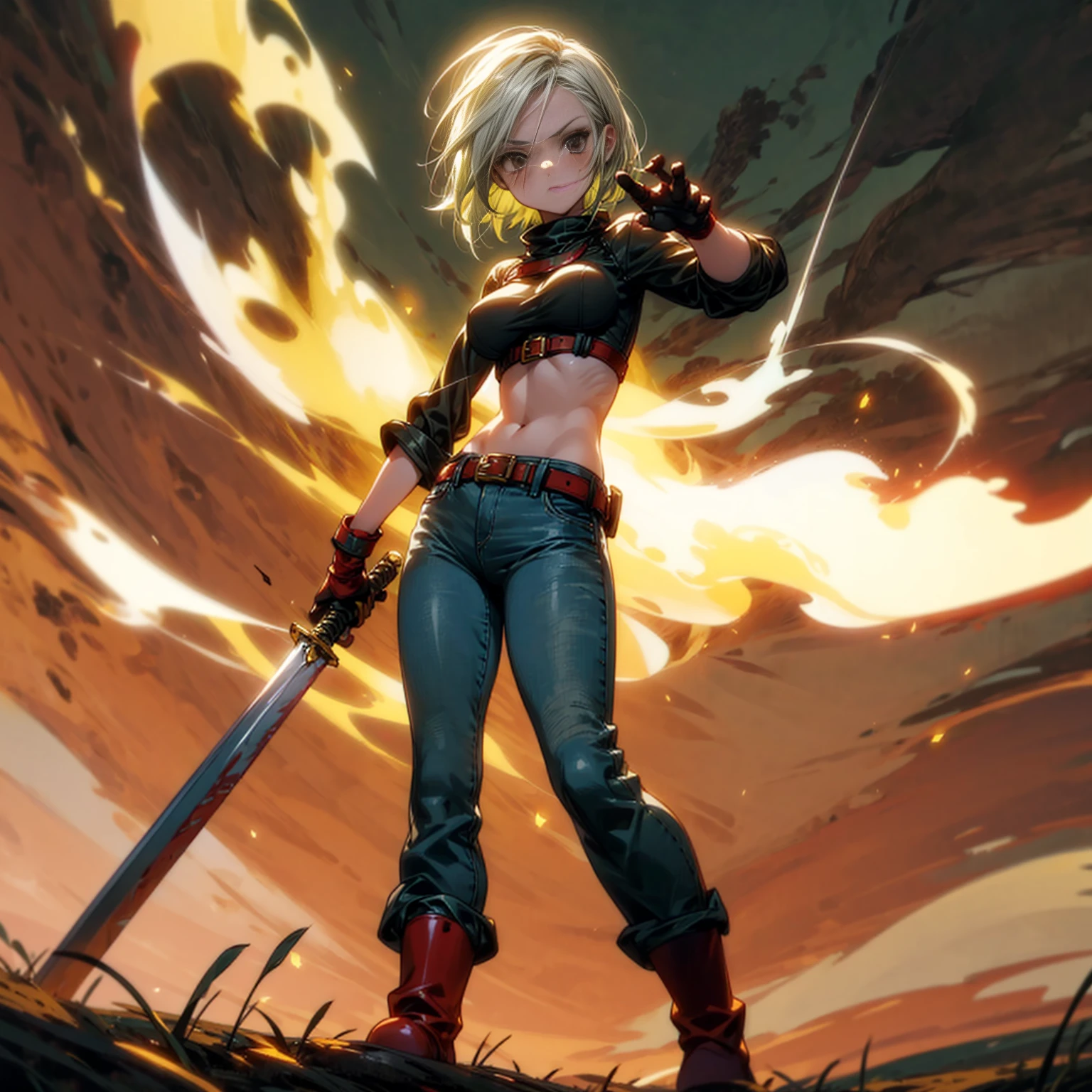 Solo character, full body version, girl, tall height, white half green color hair, black eyes, short hairstyle, crop top, gloves, long jeans, belt, bracelet, red boots, evening, field, Moonlight, standing gesture, sword in hand, Big breasts, glow effect in sword, glow effect, Fire effect, blood on Character, plaster on nose 