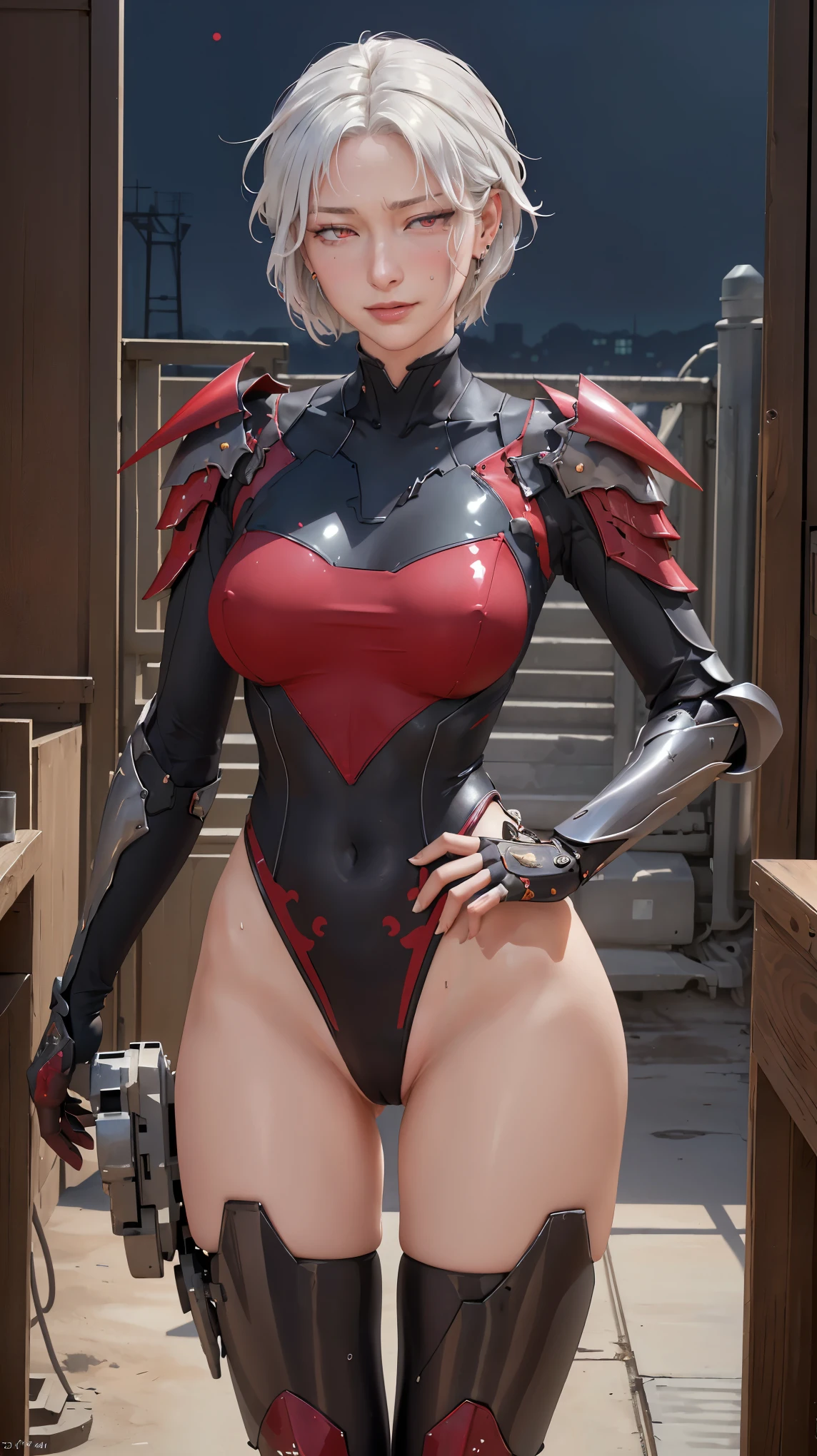 ((((masterpiece, best quality, high resolution)))), Extremely detailed 8K, Beautiful girl with voluptuous body, (Ultra HD, Ultra-detailed, Highly detailed, Highly realistic, Ultra-realistic, photograph realistic), (1girl:1.5), (Realistic white hair), (short silky hair, hair ornaments, earrings), (dynamic poses), facing at camera, looking at viewer, (blushing red, embarrassed, exhausted, smirk), (bright red eyes, sharp eyes), (small perky breasts:1.2), (wide hips:1.2), (beautiful detailed face, beautiful detailed eyes), ((black highleg leotard, Origleotard, thighhighs, breast, OrigArm, armor, mechanical armor)), (detail pussy), (standing up:1.3), sweat, glow, (nightlight), ((cowboy shot)), bedroom, seductive