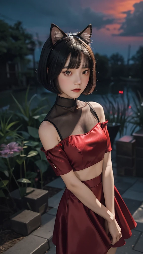 Delicate and dainty young woman with shiny bob-cut black hair and cat ears. She is wearing red wear with mini-skirt. The background is a fantastic and ethereal night sky that seems to be haunted by a specter. Her expression is stern and atmospheric.