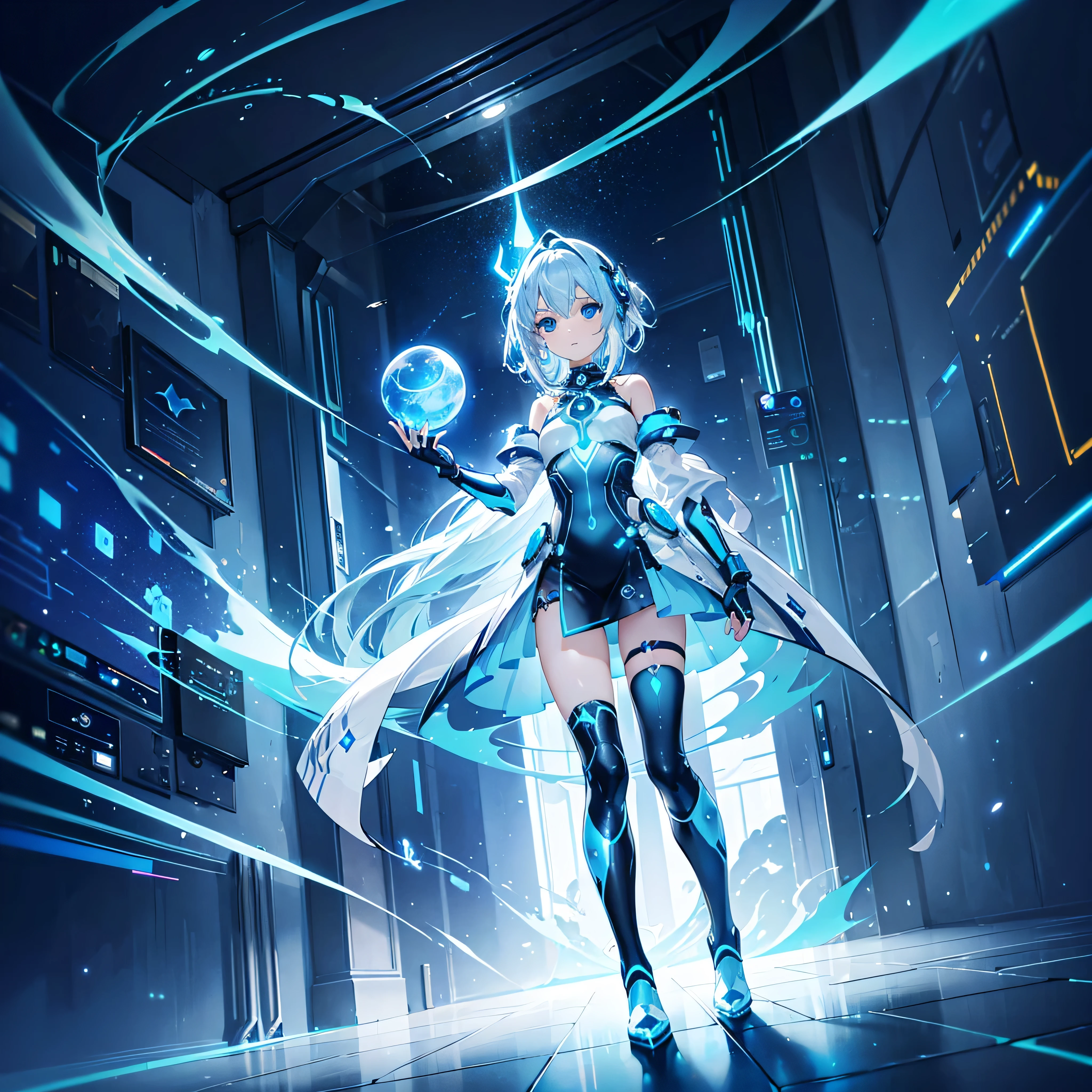 ((Holographic glow effect)),8k, Highest quality, (real:1.4), Original photo, 1 girl, Asari Hair, Biological Amplifier, Very sleek and futuristic armor, posture: Peace talks between warring factions,,attention arousal, smart blue eyes,A modest smile,Knee-high boots,Patent-look blue tights,Blue big moon and blue light swirl in the background,Blue light from behind,blue light magic,A small, glowing blue ball in the palm of your hand,Blue flame swirl,Blue Comet,Polished floor,