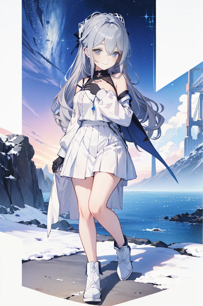 "(Highest quality,High resolution:1.2), Cute Smile, Unusual Point of View, White sweater, Medium Shot, Color decomposition color, shoulder, blush, (Gray Hair), White gloves, White boots, Blue Iris",star空の背景,star